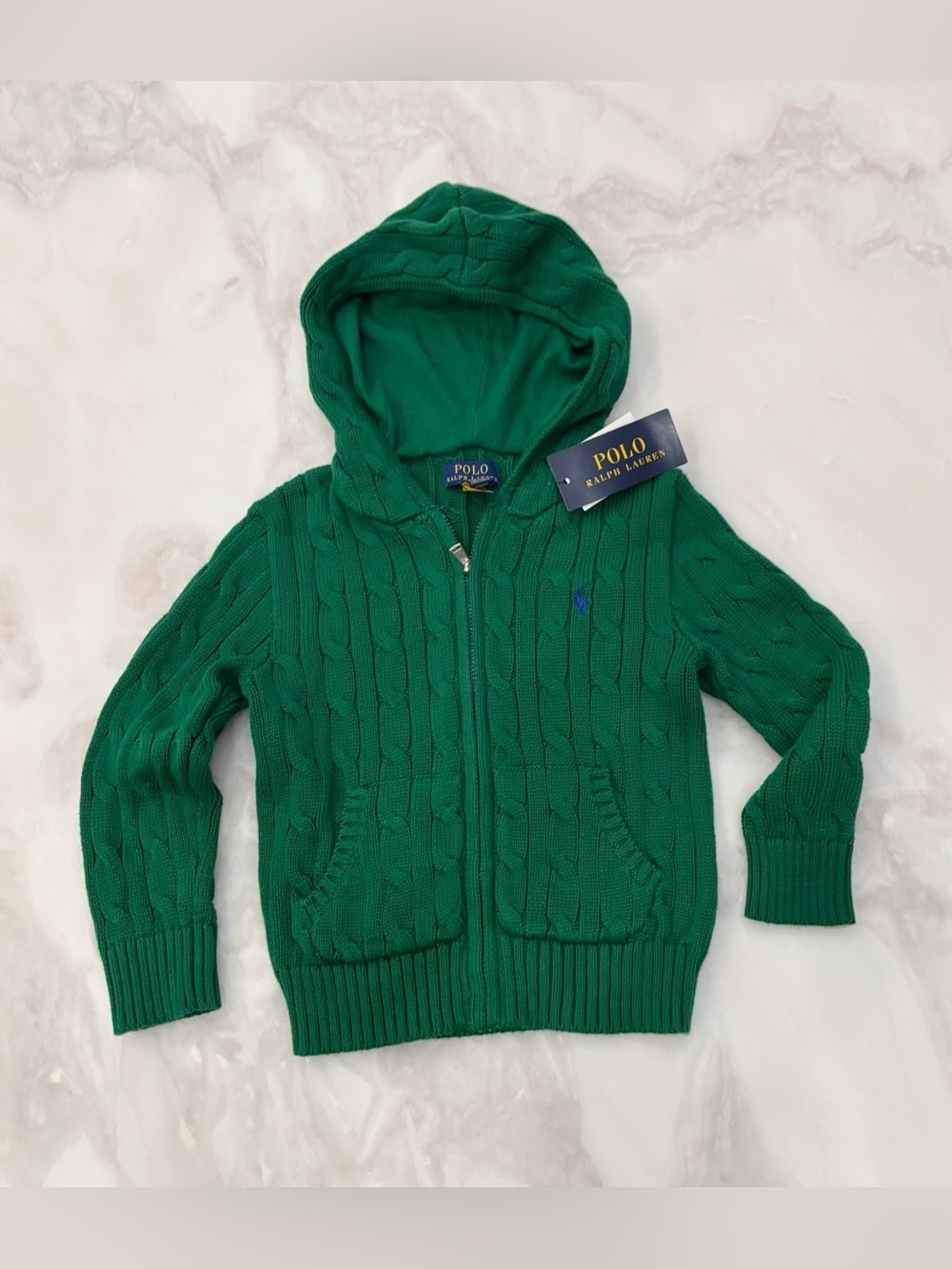 Polo Ralph Lauren Cable Knit Hooded Full-Zip Sweater Boys Size 3 New Green